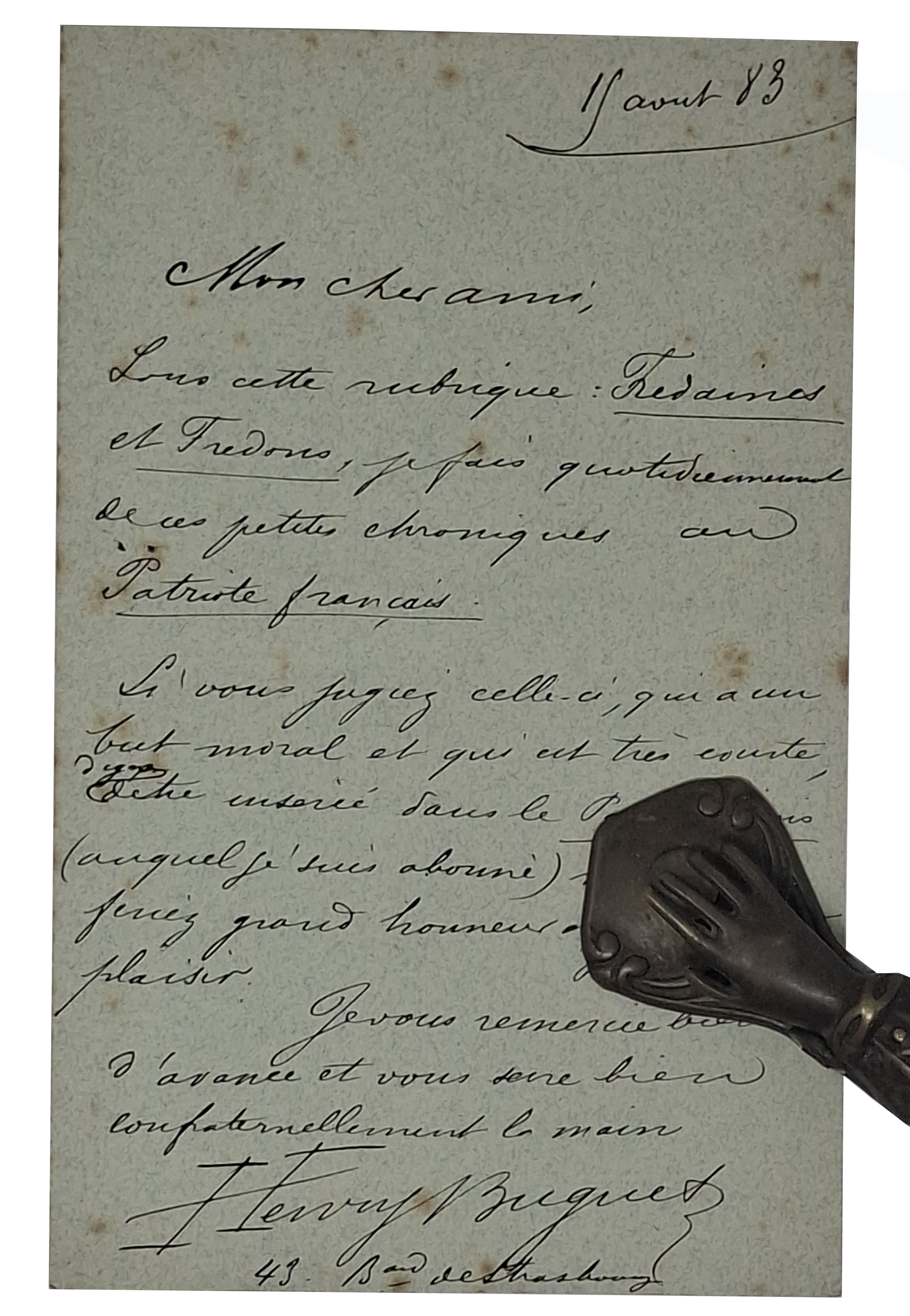 lettera manoscritta con autografo originale di Henry Buguet
