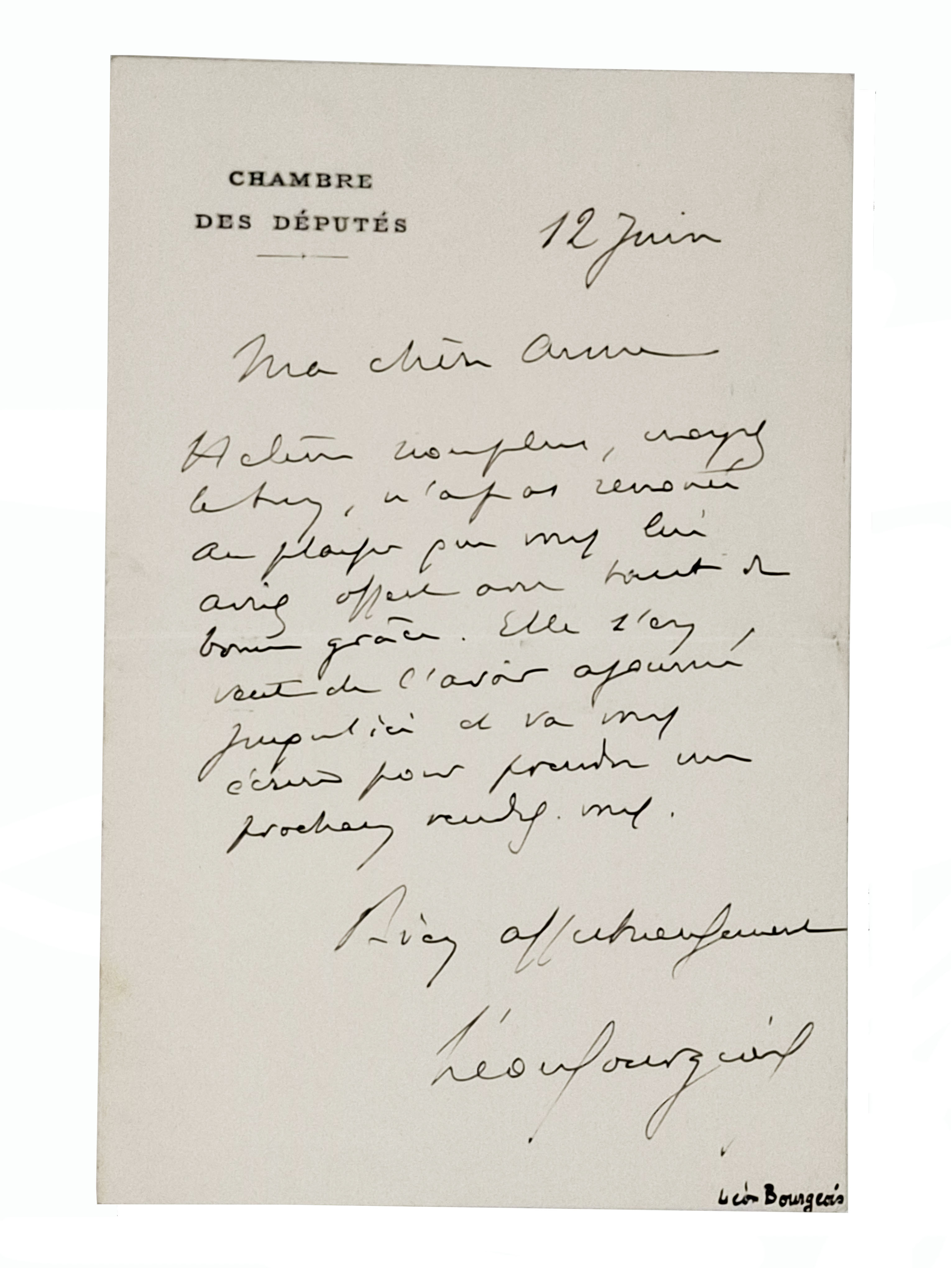 lettera manoscritta con autografo originale di Leon Bourgeois