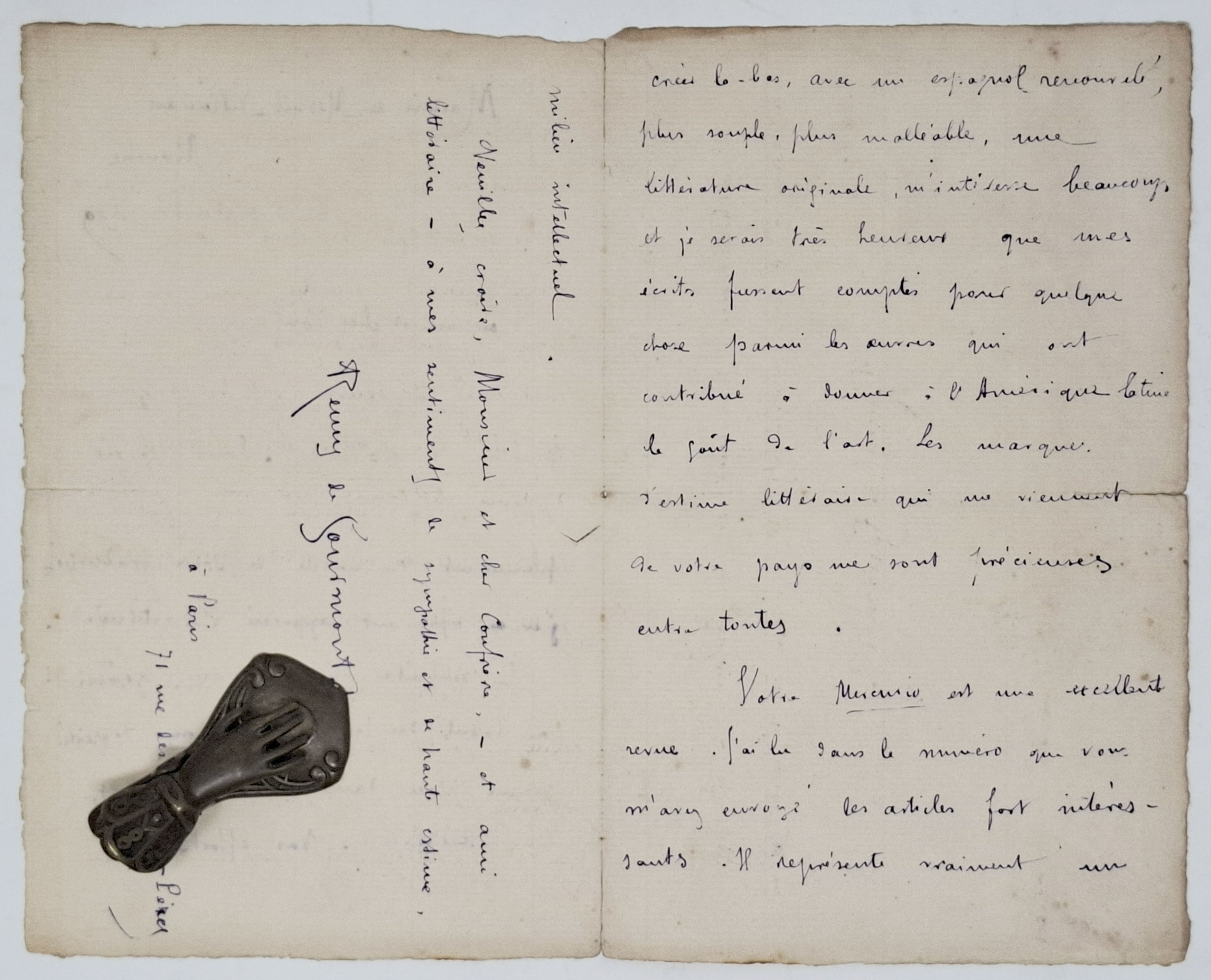 lettera manoscritta con autografo originale di Remy De Gourmont