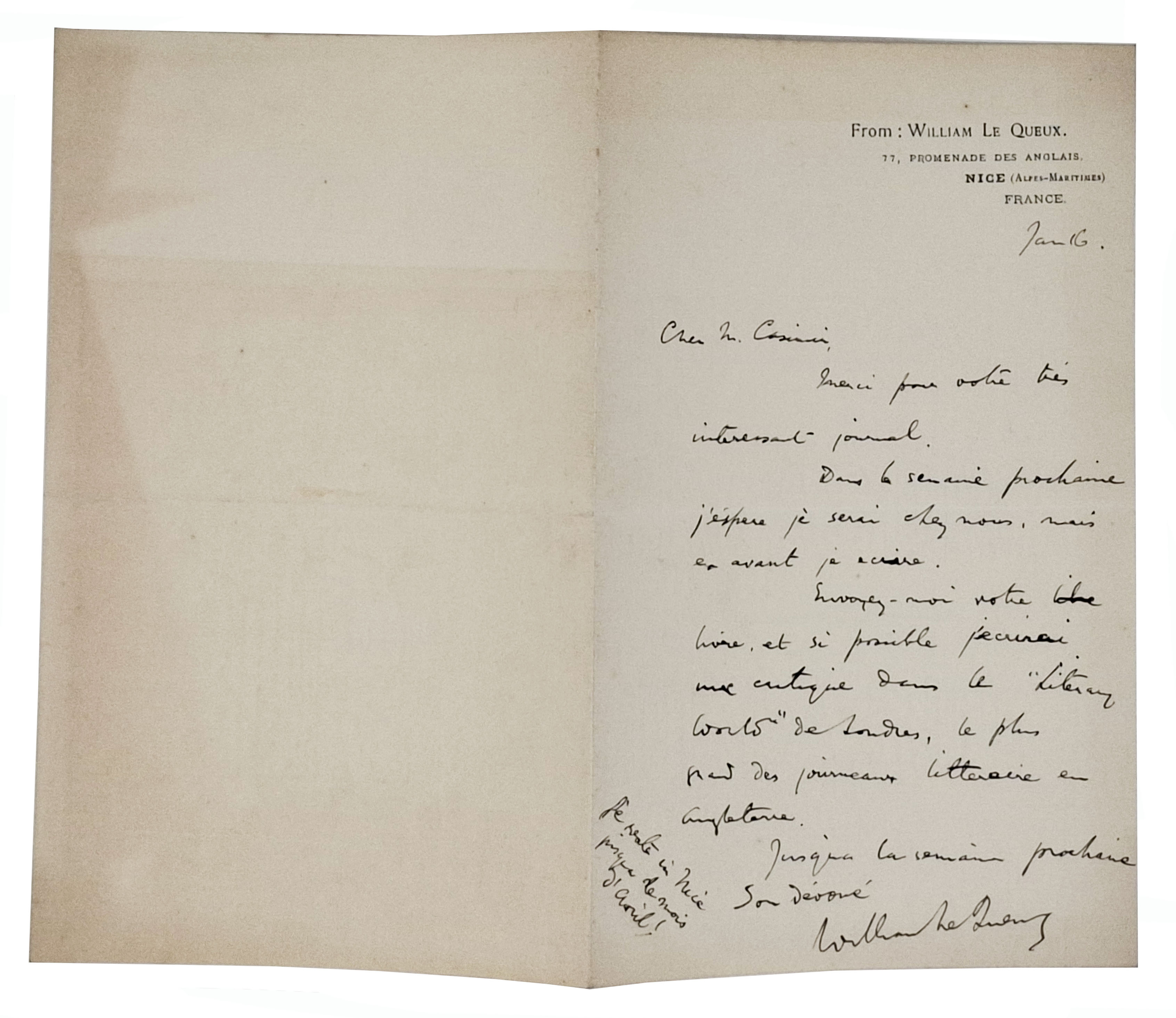lettera manoscritta con autografo originale di William Le Queux