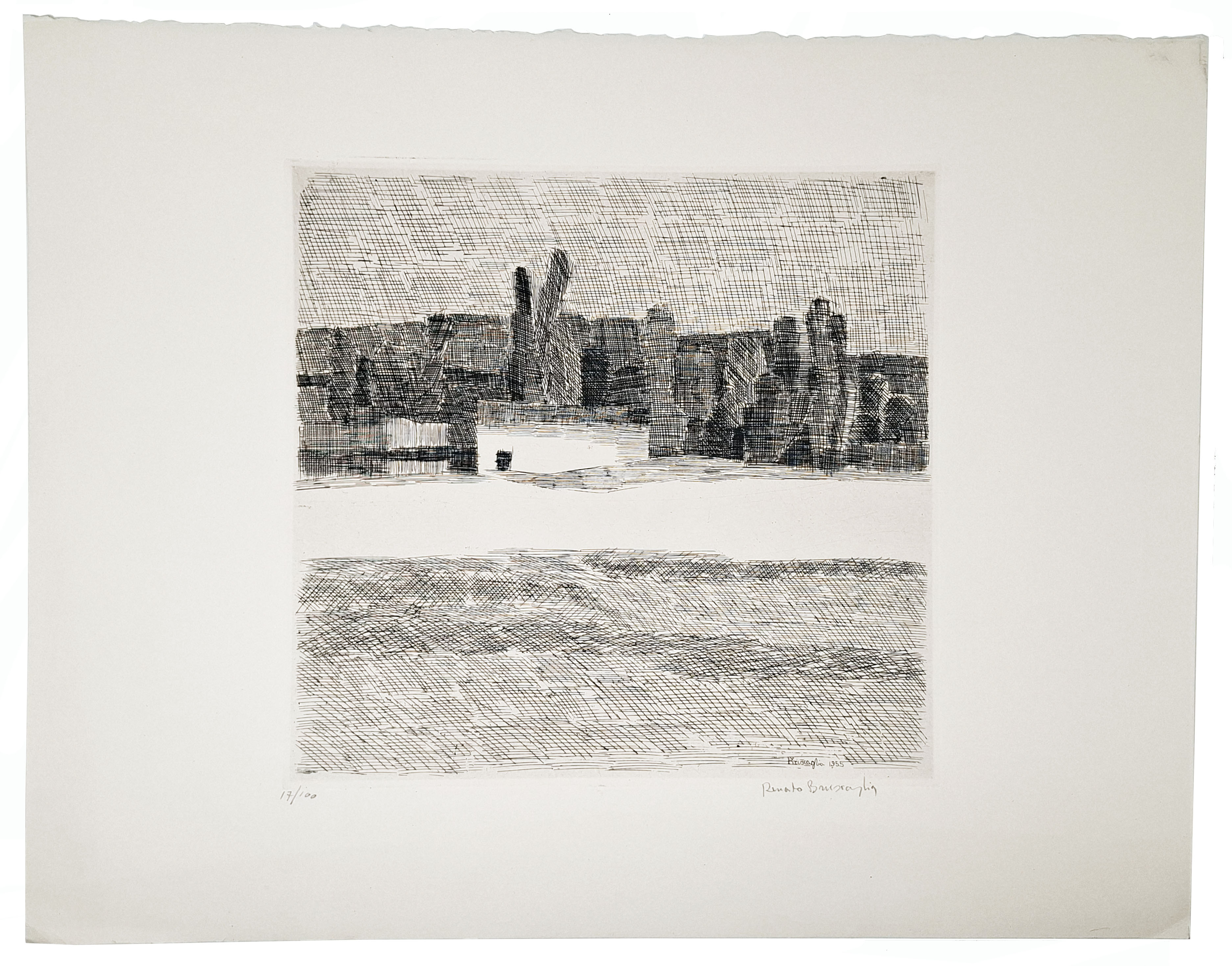 Litografia senza titolo (paesaggio agreste con casolare) firmata e numerata