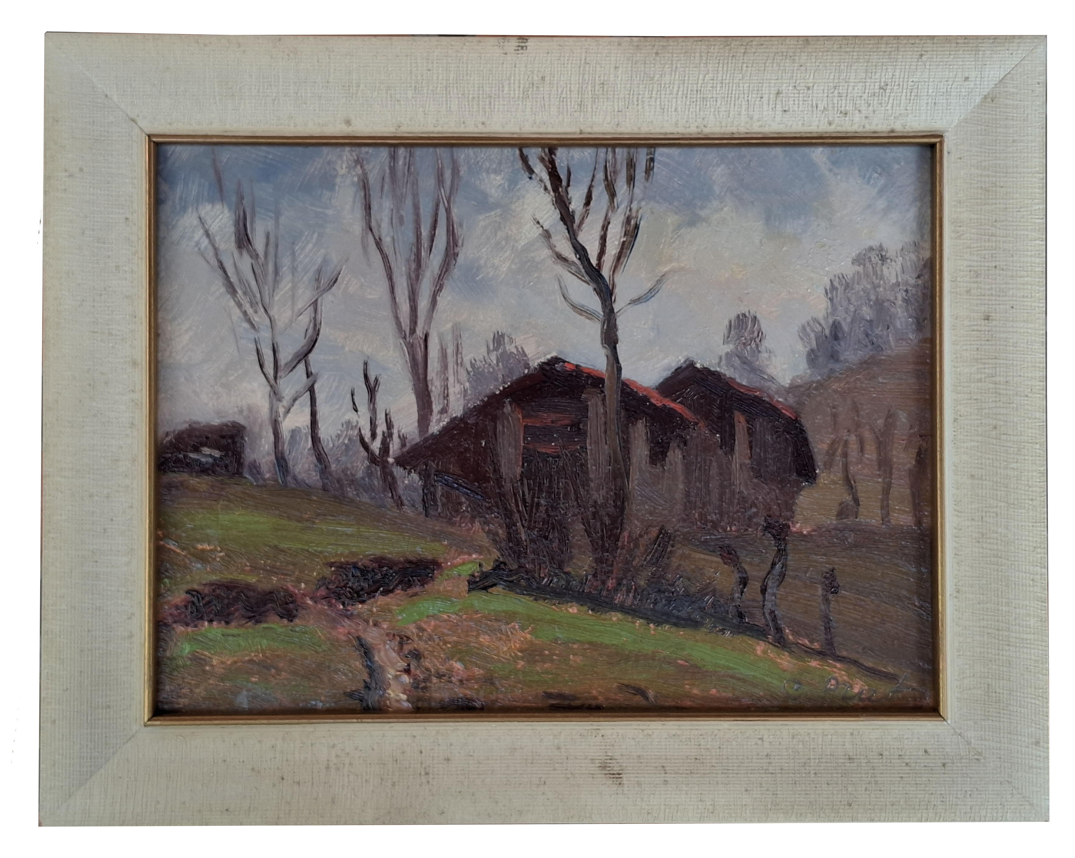Olio su tavola [paesaggio rurale con alberi spogli e un …