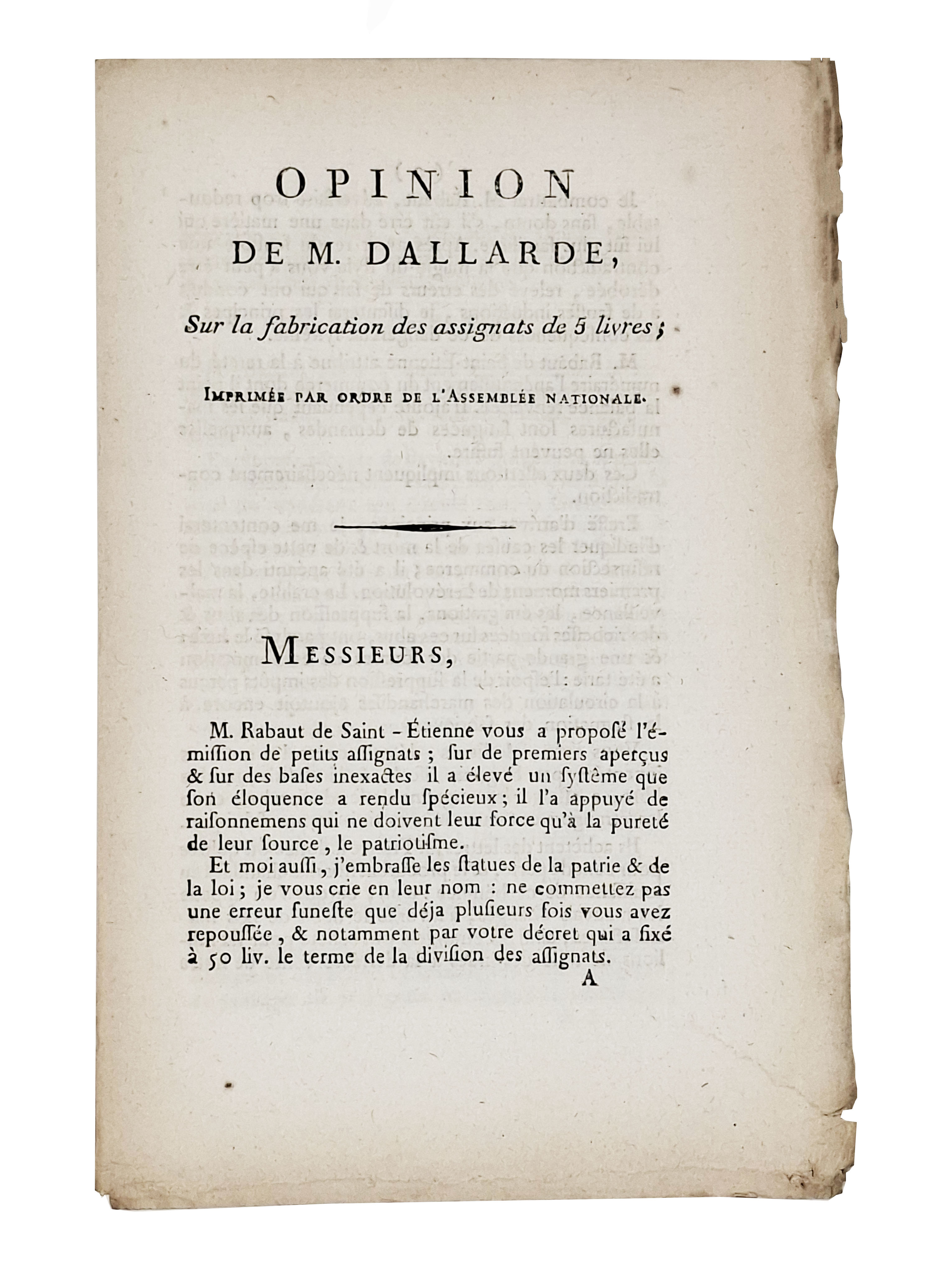 OPINION DE M. DALLARDE SUR LA FABRICATION DES ASSIGNATS DE …
