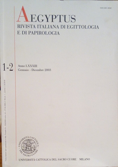 AEGYPTUS, RIVISTA ITALIANA DI EGITTOLOGIA E DI PAPIROLOGIA - ANNO …