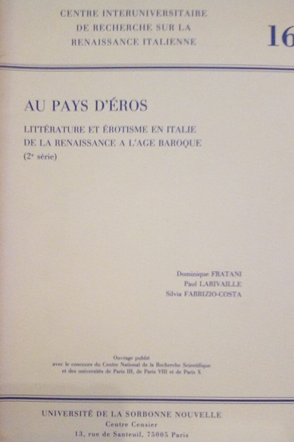 AU PAYS D'EROS - LITTERATURE ET EROTISME EN ITALIE DE …