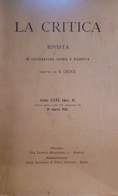 LA CRITICA - RIVISTA DI LETTERATURA, STORIA E FILOSOFIA DIRETTA …