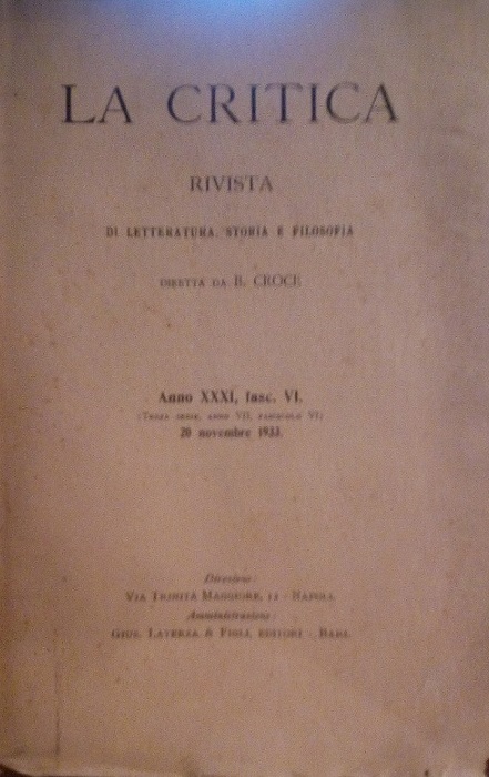 LA CRITICA - RIVISTA DI LETTERATURA, STORIA E FILOSOFIA DIRETTA …