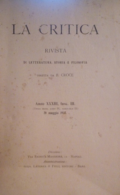 LA CRITICA - RIVISTA DI LETTERATURA, STORIA E FILOSOFIA DIRETTA …