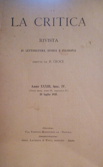 LA CRITICA - RIVISTA DI LETTERATURA, STORIA E FILOSOFIA DIRETTA …