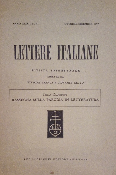 RASSEGNA SULLA PARODIA IN LETTERATURA - ESTRATTO DA "LETTERE ITALIANE", …