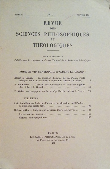 REVUE DES SCIENCES PHILOSOPHIQUES ET THEOLOGIQUES - JANVIER 1981