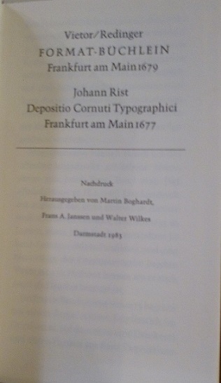 VIETOR/REDINGER: FORMAT-BUCHLEIN, FRANKFURT AM MAIN 1679 - JOHANN RIST: DEPOSITIO …
