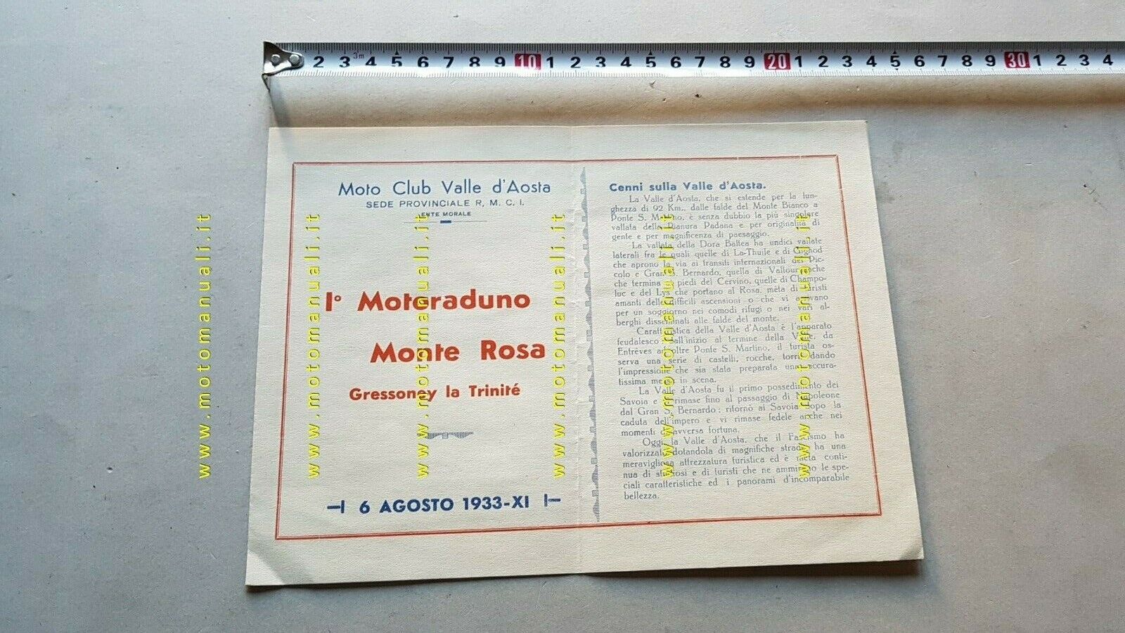 1 Motoraduno Monte Rosa Gressoney 1933 programma depliant anteguerra brochure