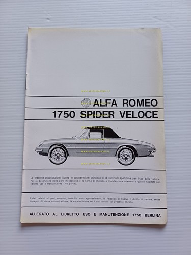 Alfa Romeo 1750 Spider Veloce 1968 ALLEGATO manuale uso manutenzione …