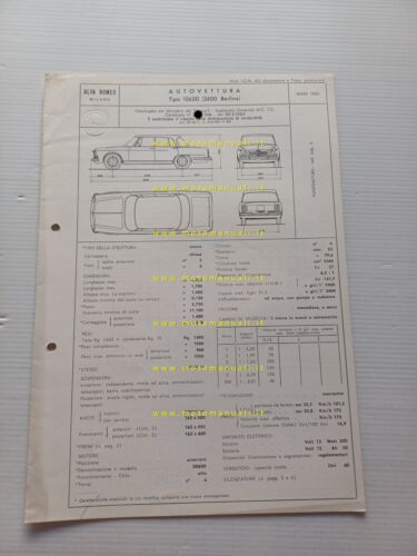 Alfa Romeo 2600 Berlina 1962 scheda omologazione DGM Motorizzaz. Facsimile
