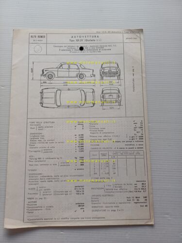 Alfa Romeo Giulietta ti 1961 scheda omologazione DGM Motorizzaz. Facsimile