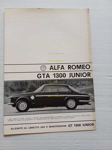 Alfa Romeo GTA 1300 Junior 1968 ALLEGATO originale al manuale …