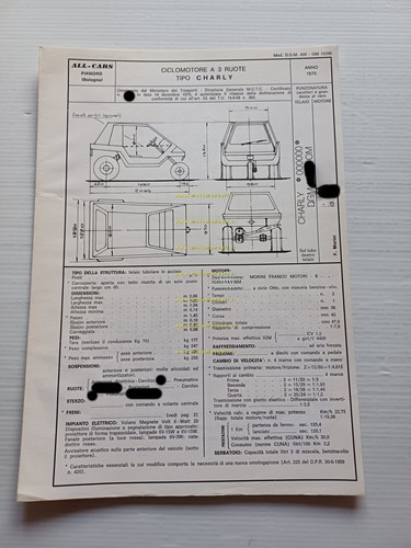 All-Cars Charly 50 microauto 1975 Facsimile originale scheda omologazione DGM