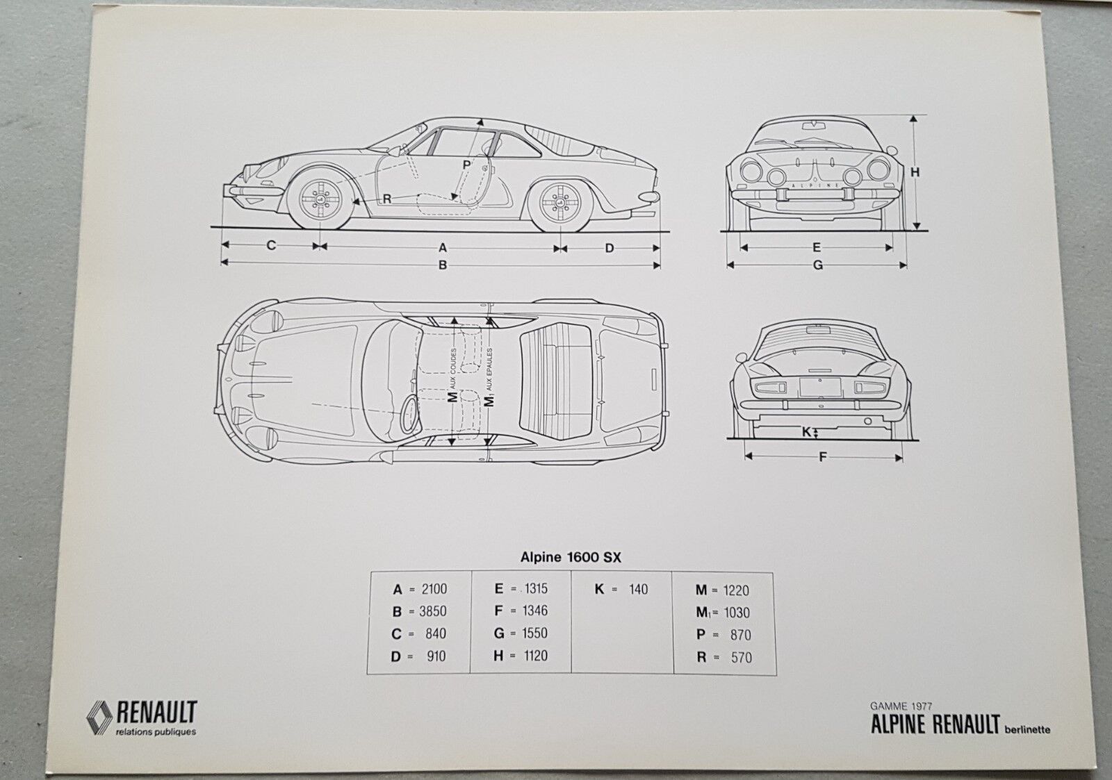 Alpine-Renault Berlinette 1600 SX '77 scheda tecnica originale depliant brochure