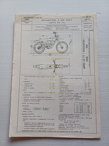 Aspes 50 CS 75 Navaho 1975 Facsimile originale scheda omologazione …