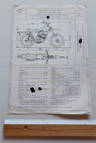 Aspes Hopi 125 RG 1973 Facsimile originale scheda omologazione DGM …