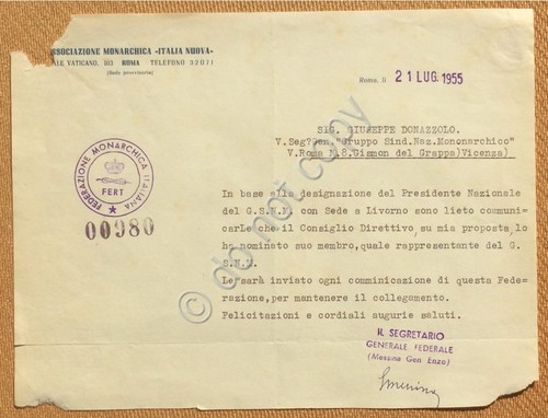 Autografo - Generale Enzo Messina - Federazione Monarchica Italiana 1955