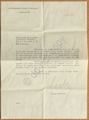 Autografo - Luigi Bertett - Presidente Automobile Club di Milano …