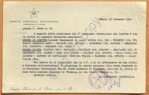 Autografo - Partito Monarchico - Lettera firmata segretario provinciale - …