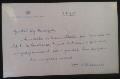 Autografo Casa Savoia 1955 - Lettera autografa Contessa Cattanei