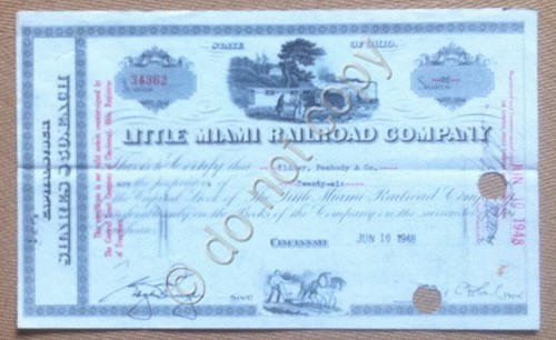 Azioni Shares Certificato 26 azioni Little Miami Railroad Company 1948