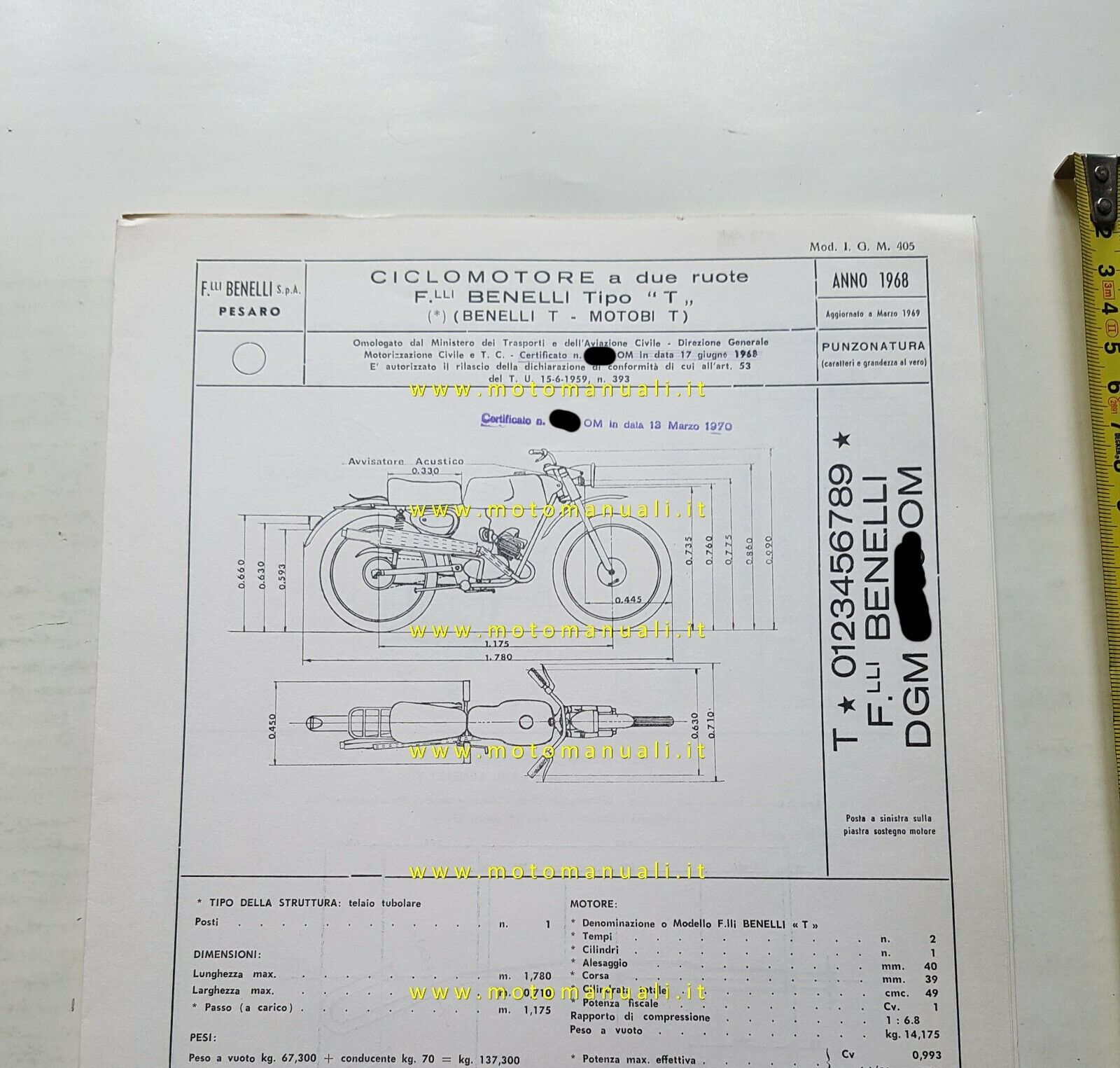 Benelli 49 Trial 1968 scheda omologazione DGM Motorizzazione Facsimile originale