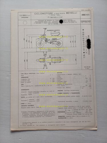 Benelli 50 Caddy 1975 scheda omologazione DGM Facsimile Motorizz. originale