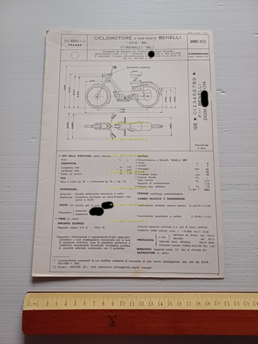 Benelli 50 Gentlemen 1975 Facsimile originale scheda omologazione DGM Motorizz.