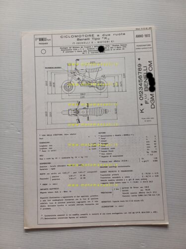 Benelli 50 MiniBike 1972 scheda omologazione DGM Facsimile Motorizz. originale