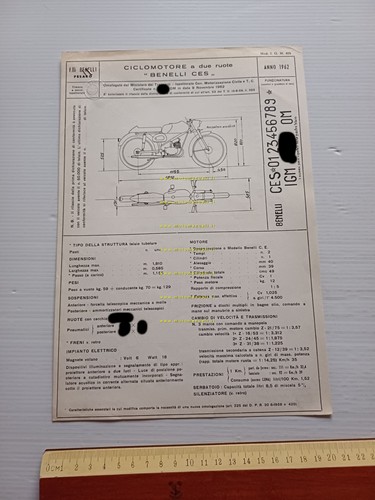 Benelli 50 Sprint 1962 Facsimile originale scheda omologazione DGM Motorizzaz.