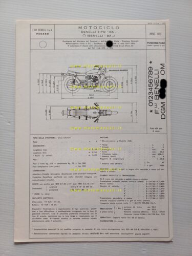 Benelli 500 Quattro 1973 scheda omologazione DGM Motorizzazione Facsimile
