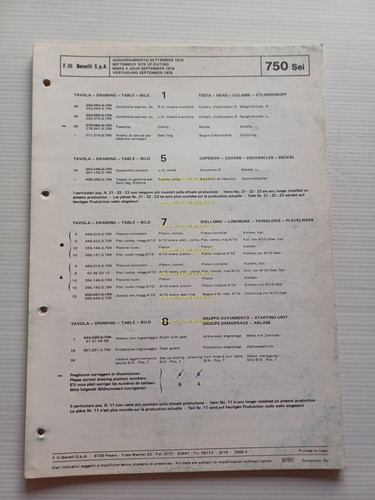 Benelli 750 SEI aggiornamento 1976 catalogo ricambi originale