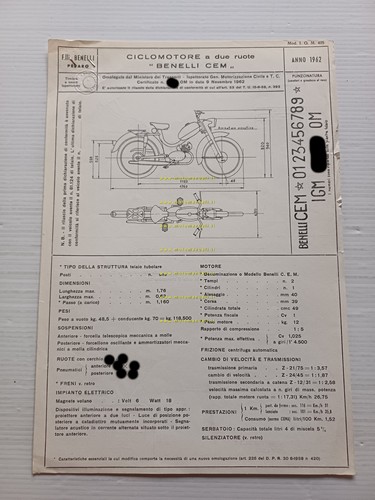 Benelli Export 50 CEM 1962 Facsimile originale scheda omologazione DGM