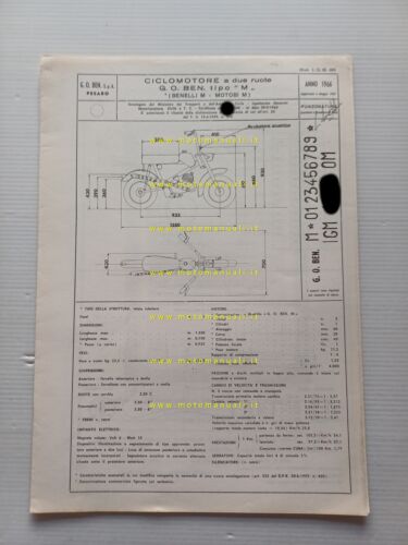 Benelli Motobi 49 Minibike 1966-67 scheda omologazione DGM Facsimile originale