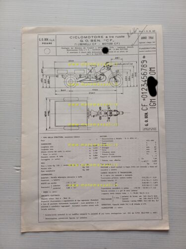 Benelli Motobi 49 Motocarro 3V 1967 scheda omologazione DGM Facsimile …