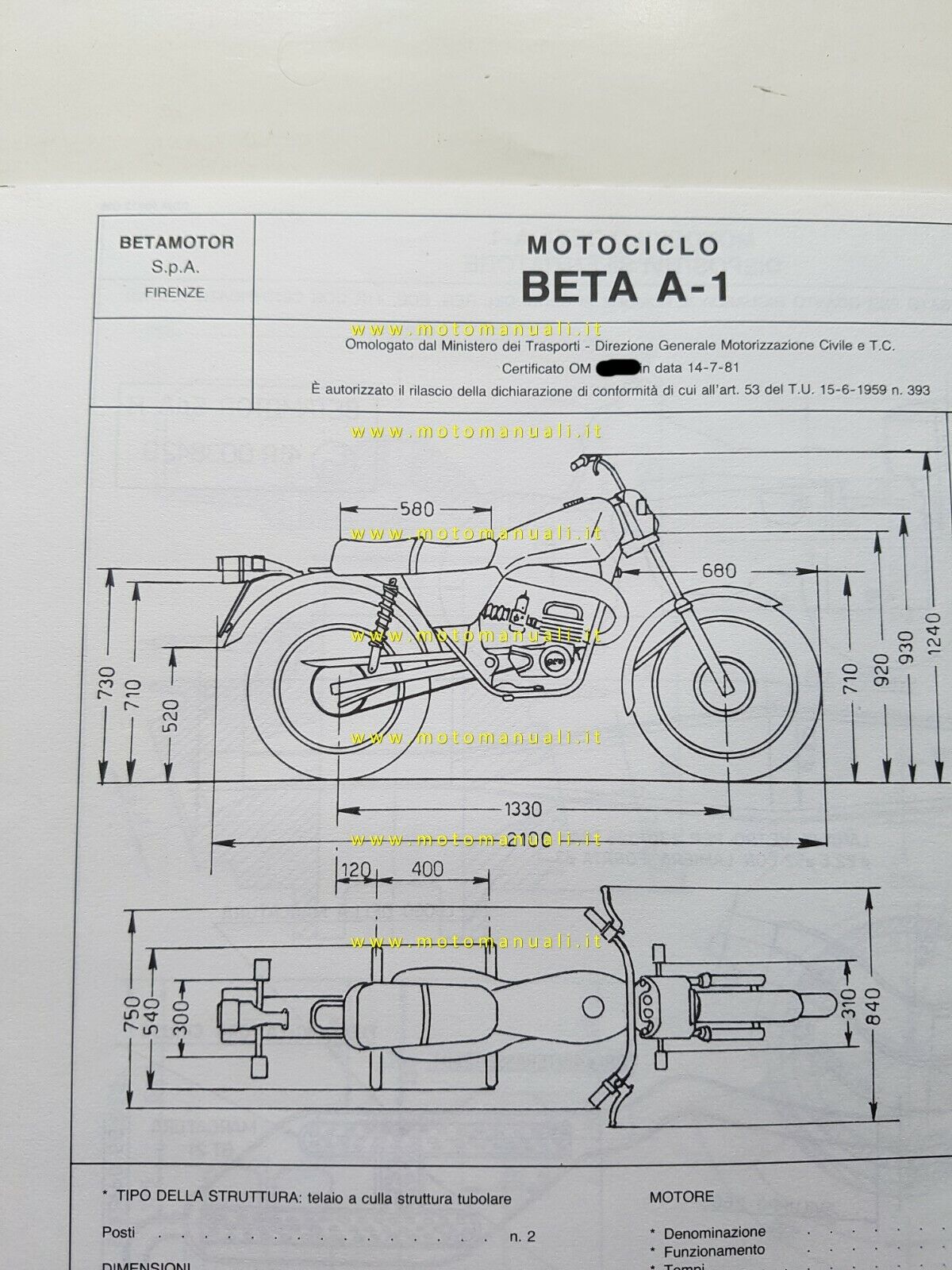 Beta 125 Scrambler 1981 scheda omologazione DGM originale Motorizzazione