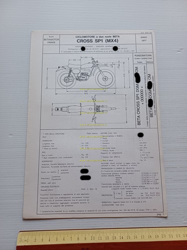Beta 50 Cross MX4 1977 Facsimile scheda omologazione DGM Motorizzazione …