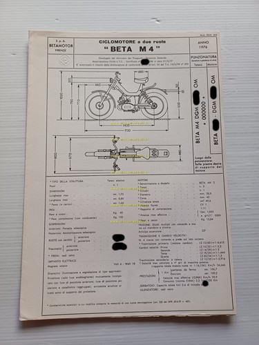 Beta 50 M4 Tubone 1976 Facsimile originale scheda omologazione DGM …