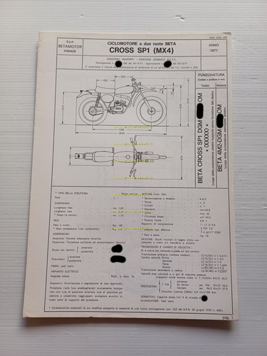 Beta 50 MX 4 1977 Facsimile originale scheda omologazione DGM …