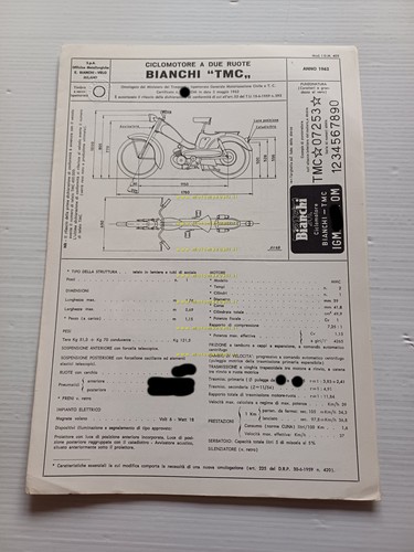 Bianchi 50 Mobylette TMC 1962 Facsimile originale scheda omologazione DGM