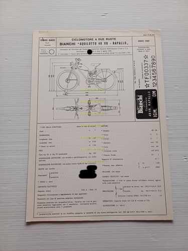 Bianchi Aquilotto 48 VR Rapallo 1960 Facsimile originale scheda omologazione …