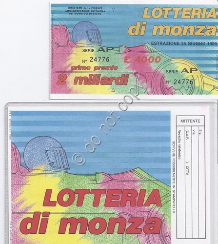 Biglietto e cartolina Lotteria di Monza - 1989 -