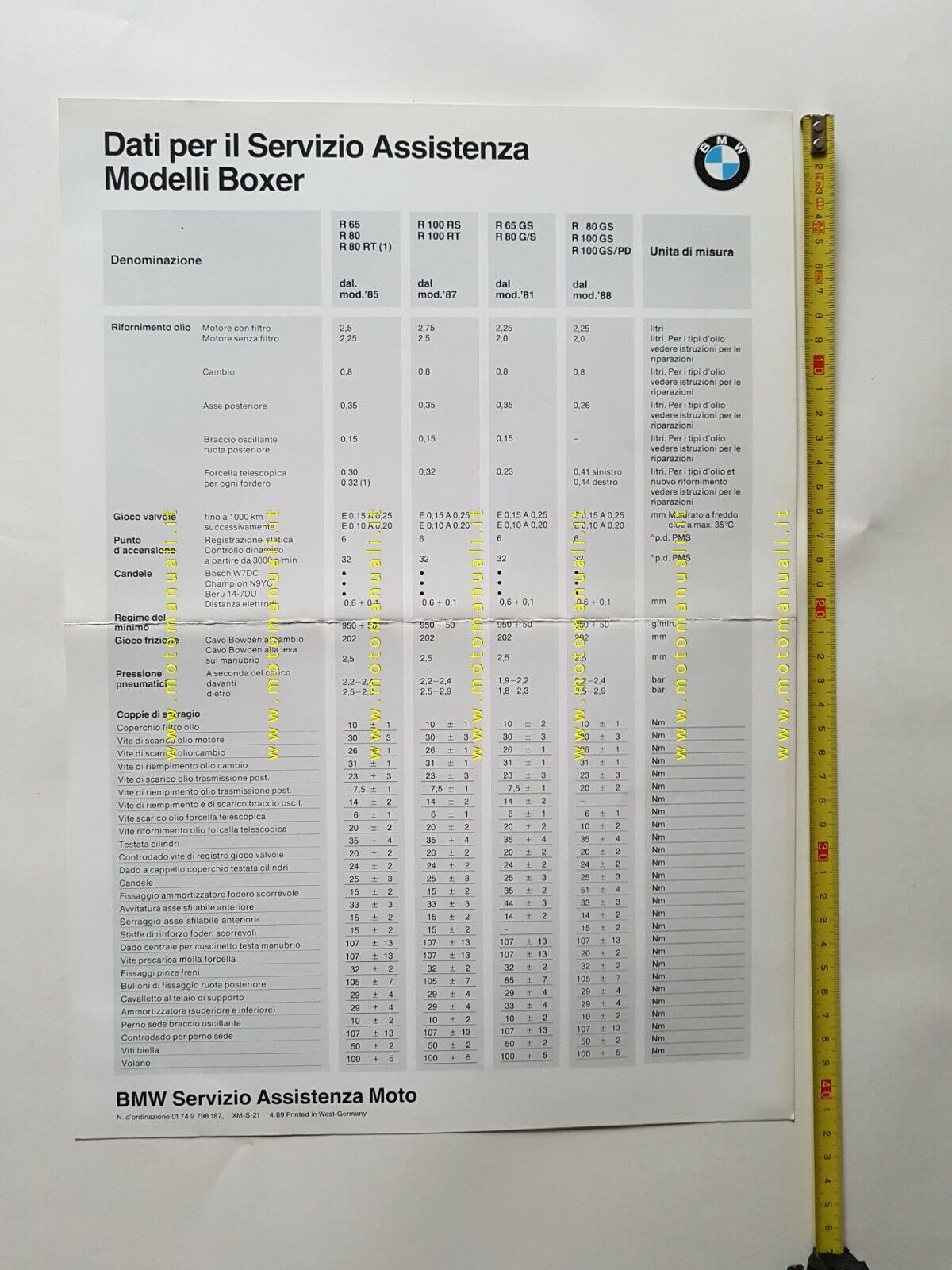 BMW moto dati per assistenza modelli boxer 1985-89 locandina originale
