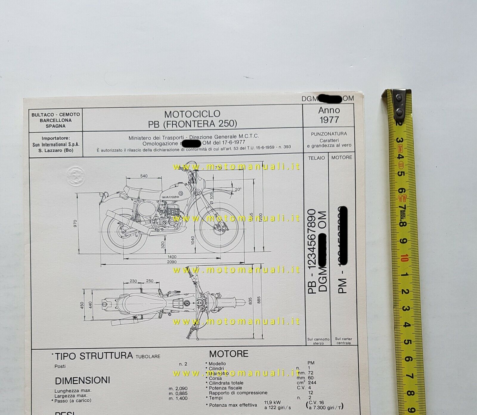 Bultaco Frontera 250 1977 scheda omologazione DGM originale Motorizzazione