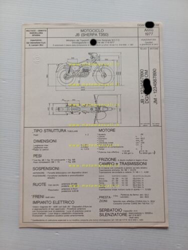 Bultaco Sherpa T 350 1977 scheda omologazione DGM Facsimile Motorizzazione